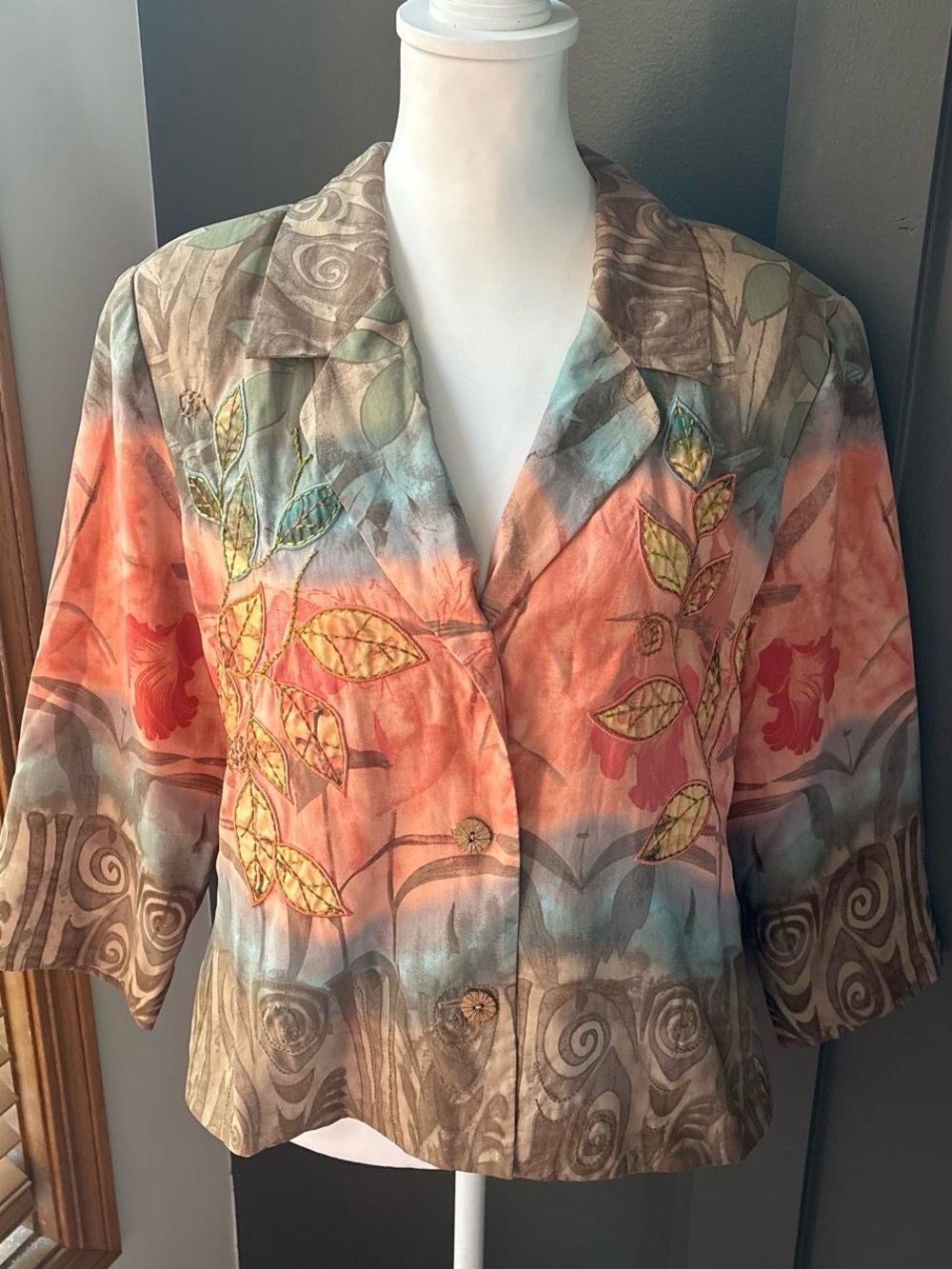 Nancy Bolen Silk Embroidered Jacket Petite XL Y2K Boho Floral Artsy Blazer